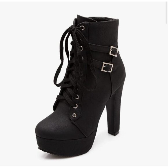 Womens Ankle Boots Round Toe Block Chunky High Heels Lace Up Platform Shoes  Sz9 - Picture 8 of 10